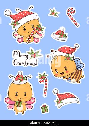 Weihnachtsaufkleber Kollektion. Festlicher süßer Schmetterling und Biene im Weihnachtsmann-Hut mit Geschenk und gestreiften Bonbons mit stechpalme. Isoliertes, lustiges Karikaturinsekt kawai Stock Vektor