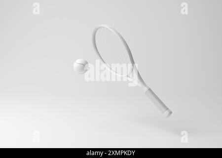 Weißer Tennisschläger und Tennisball schwebend in der Luft auf weißem Hintergrund in Monochrom und Minimalismus. Sport, Freizeitaktivitäten und Hobbys Stockfoto