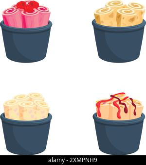 Frittiertes Eis Icons setzen Cartoon Vektor. Buntes, gerolltes Eis in einer Tasse. Nachtisch, süße Speisen Stock Vektor