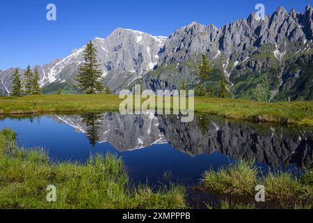 Der Hochkoenig an einem sonnigen Sommertag, blauer Himmel, Reflexion in einem kleinen Teich Stockfoto