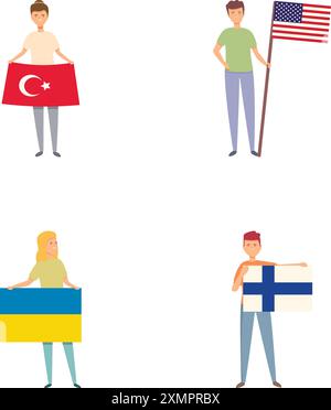 Unabhängige Flaggensymbole setzen Cartoonvektor. Personen mit Landesflagge. Solidarität, Einheit Stock Vektor