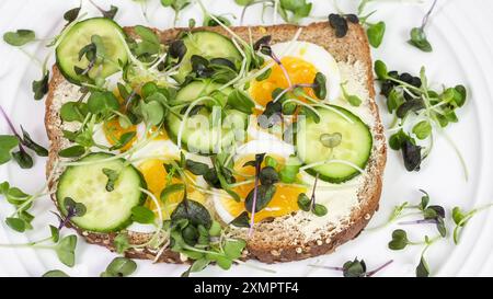 Ein köstliches Sandwich mit offenem Gesicht steht auf einem weißen Teller und zeigt Schichten von hart gekochten Eiern, erfrischenden Gurken und lebendigem Mikrogrün Stockfoto