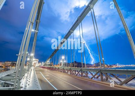 Budapest, Ungarn: 18. Juli 2024: Sturmblick von der Szechenyi Kettenbrücke. Langbelichtungsaufnahme. Stockfoto