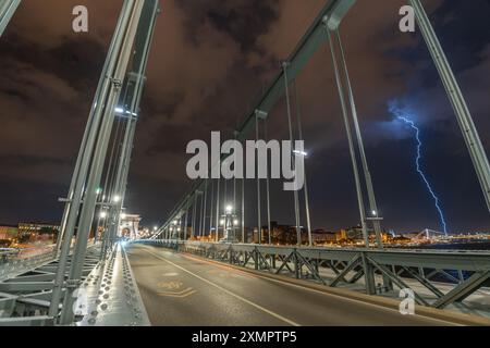 Budapest, Ungarn: 18. Juli 2024: Sturmblick von der Szechenyi Kettenbrücke. Langbelichtungsaufnahme. Stockfoto