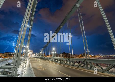 Budapest, Ungarn: 18. Juli 2024: Sturmblick von der Szechenyi Kettenbrücke. Langbelichtungsaufnahme. Stockfoto