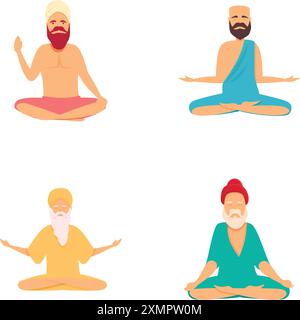 YOG-Symbole setzen Cartoon-Vektor. Meditierender Mann in Yoga-Lotusposition. Kultur und Tradition Stock Vektor