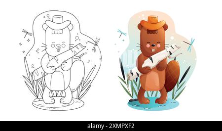 Niedliche Biber-Farbseite Schwarz-weiß und farbige Versionen. Kindertierset. Stock Vektor