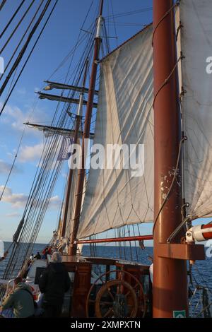 Schleswig-Holstein, Impressionen aus Travemünde, Segelschiff im Sonnenuntergang, *** Schleswig Holstein, Impressionen aus Travemünde, Segelschiff bei Sonnenuntergang, Stockfoto