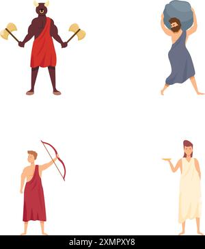 Illustrationsset mit Figuren aus der griechischen Mythologie, darunter ein Krieger, Bogenschützen und Einzelpersonen, die Artefakte halten Stock Vektor