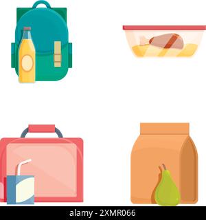 Satz von bunten Vektor-Illustrationen von Lunchbezogenen Gegenständen einschließlich eines Rucksacks, eines Lebensmittelbehälters, einer Lunchbox und einer Papiertüte Stock Vektor
