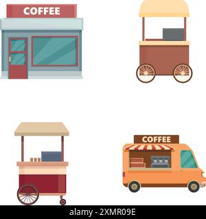 Set aus vier Illustrationen mit verschiedenen Stilen von Cafés und Einkaufswagen Stock Vektor