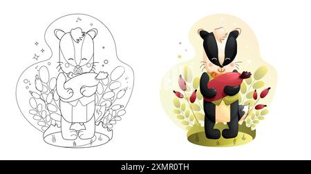 Kindertierset. Niedliche Dachsfiguren Farbseite Schwarz-weiß und farbige Versionen. Stock Vektor