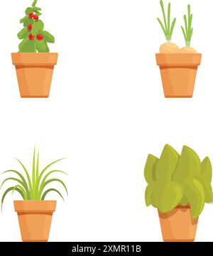Sammlung von vier verschiedenen Vektorillustrationen von Topfpflanzen, perfekt für Gartenthemen Stock Vektor