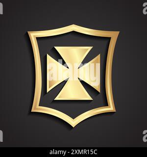 3D goldener Schild mit Kreuz-Heraldik-Symbol Stock Vektor