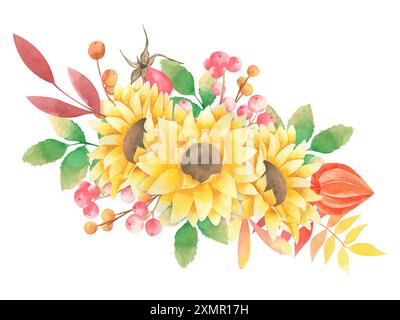 Aquarell Herbstkomposition mit Sonnenblumen, roten Beeren, gefallenen Blättern, Hagebutte, Physalis isoliert auf weißem Hintergrund. Herbststrauß Stockfoto