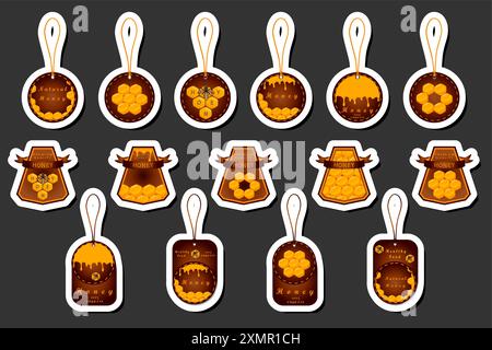 Illustration zum Thema für Etikett von Zucker, der in Wabenform mit Biene hinabfließt, Etikett bestehend aus Kit klebrigem Honig an Wabenform von Biene, Honig Stock Vektor