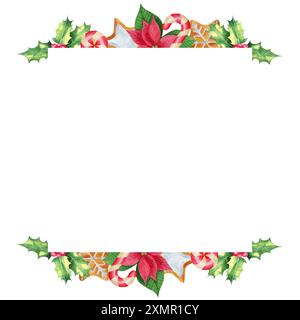 Weihnachten quadratischer Rahmen Aquarell Hand gezeichnete Illustration mit stechpalme, Lebkuchenkeks, Kiefernzweige, rote Beeren, goldene Glocken, Kerze, Süßigkeiten Stockfoto