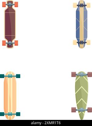 Sammlung von vier verschiedenen Skateboard-Designs aus einer Topdown-Ansicht, isoliert auf weiß Stock Vektor