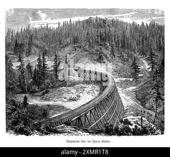 Die Gravur der Eisenbahnstrecke an der Sierra Nevada fängt die raue Schönheit und den technischen Triumph dieser amerikanischen Eisenbahn aus dem 19. Jahrhundert ein. Diese Eisenbahnstrecke, die sich durch die hohen Gipfel und dichten Wälder der Sierra Nevada schlängelte, war ein wichtiger Teil der transkontinentalen Eisenbahn und symbolisierte die unerbittliche Fahrt in Richtung Westen. Das detailreiche Kunstwerk zeigt die Schienen, die durch das bergige Gelände führen, wobei Lokomotiven scharfe Kurven und steile Steigungen fahren. In diesem Stück wird die anspruchsvolle, aber beeindruckende Aufgabe des Bahnbaus hervorgehoben Stockfoto