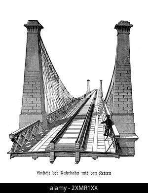 Diese Gravur zeigt eine Hängebrücke der Eisenbahnkette, ein eindrucksvolles Beispiel für den Ingenieurskunst des 19. Jahrhunderts. Diese Art von Hängebrücke mit massiven Ketten, die zwischen hoch aufragenden Pfeilern hängen, wurde entwickelt, um das Gewicht der Züge zu tragen, während sie weite Lücken und schwieriges Gelände überspannt. Die komplizierten Details der Ketten und die robuste Konstruktion der Pfeiler sind wunderschön erfasst und spiegeln die Mischung aus Stärke und Eleganz wider. Dieses architektonische Detail unterstreicht die innovative Verwendung von Materialien und Techniken, um sowohl Funktionalität als auch ästhetische Anziehungskraft zu erzielen Stockfoto