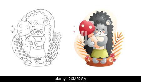 Niedliche Cartoon-Igel-Charaktere Ausmalseite Schwarz-weiß und farbige Versionen. Kindertierset. Stock Vektor
