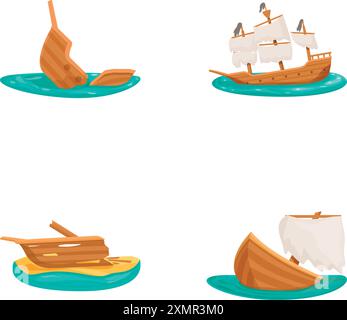 Sammlung von Wracks im Cartoonstil und Segelschiffen isoliert auf weißem Hintergrund Stock Vektor
