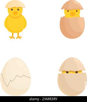 Set aus vier niedlichen Zeichentrickgrafiken, die die Phasen des Lebenszyklus eines Huhns darstellen Stock Vektor