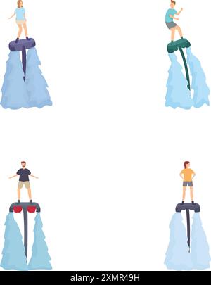 Vier Abbildungen, die Personen zeigen, die auf Wasserdüsen über dem Wasser fliegen, isoliert auf weiß Stock Vektor