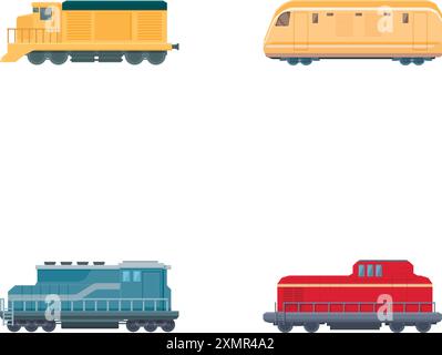 Illustrationssammlung mit vier Arten von bunten Cartoon-Eisenbahnwagen, isoliert auf weißem Hintergrund Stock Vektor