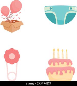 Vektor-Icons Set mit Party Ballon Box, Baby Windel, Blumenstrauß und Geburtstagskuchen Stock Vektor