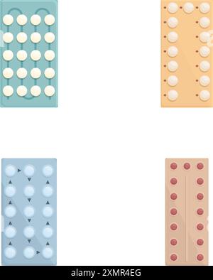 Set mit vier bunten Pillen-Blisterpackungen mit verschiedenen Tabletten und Kapseln Stock Vektor
