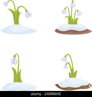 Illustrationen von Schneeglöckchen, die die Ankunft des Frühlings signalisieren, mit schmelzenden Schneeszenen Stock Vektor