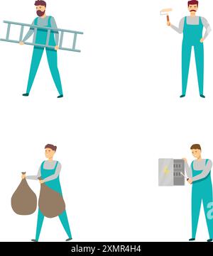Sammlung von vier Vektorillustrationen mit einem Handwerker in verschiedenen Arbeitsszenarien Stock Vektor