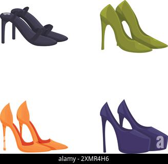 Set aus vier modischen Schuhen mit hohem Absatz in verschiedenen Designs und Farben Stock Vektor