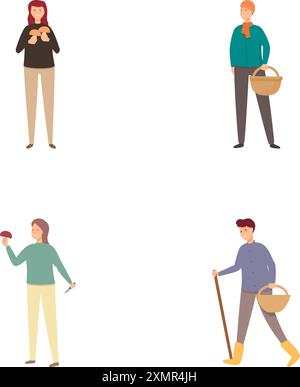 Sammlung von vier Illustrationen, die Personen zeigen, die verschiedene tägliche Aufgaben ausführen Stock Vektor