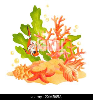 Unterwasser-Welt-Clipart mit Meerestieren. Clownfische, Seesterne, Muscheln, Korallen und Algen in Aquarellen. Isoliert von der Hintergrundkomposition für die Konstruktion Stockfoto