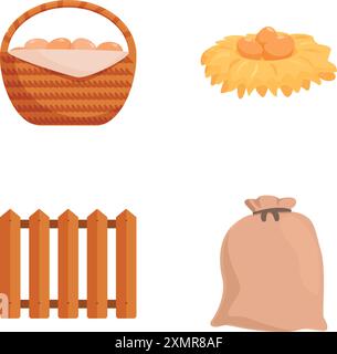 Sammlung von vier Vektorsymbolen, die Elemente des ländlichen Lebens darstellen, Korb, Stroh, Holzzaun und Sacksack Stock Vektor