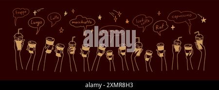 Café-Bar mit Tafeldesign. Hände mit Kaffee kritzeln. Menschenmenge, Männer und Kinder, die Einwegglas und Pappbecher halten. Teamwork im Hintergrund Stock Vektor