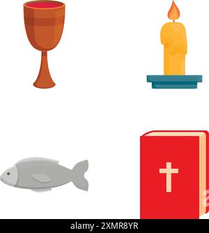 Illustration einer vielfältigen Sammlung religiöser Symbole, einschließlich Kelch, Kerze, Fisch und Bibel, in einem Vektorformat, das Elemente des christentums, des Glaubens und der Anbetung repräsentiert Stock Vektor