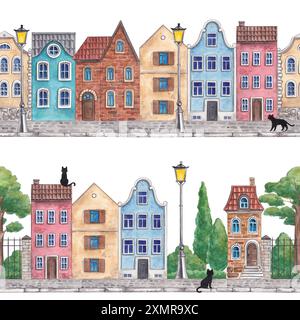 Niedliche europäische Häuser. Handgezeichnete Aquarellstraße mit hellen Hütten. Set nahtloser Grenzen, Muster zum Thema Stadt, Park, Stockfoto