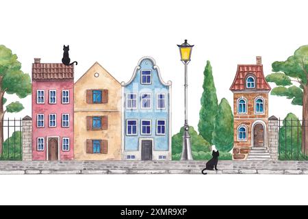 Niedliche europäische Häuser. Handgezeichnete Aquarellstraße mit hellen Hütten. Nahtlose Grenze zum Thema Stadt, Park, Architektur Stockfoto
