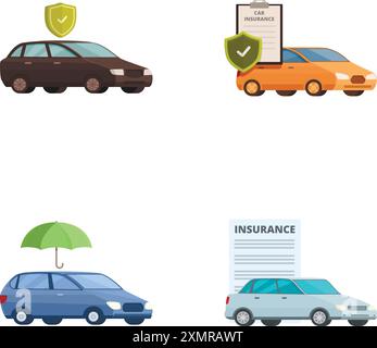 Sammlung von vier Grafiken für die Autoversicherung mit Schutzsymbolen Stock Vektor