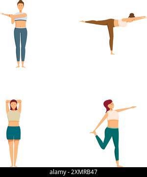 Set aus vier verschiedenen Yoga-Posen, demonstriert von einer Frau, isoliert auf weißem Hintergrund Stock Vektor