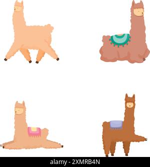 Entzückende Zeichentrick-Lama-Sammlung, lustige, fröhliche und verspielte Tierfiguren in Pastellfarben Vektor-Illustrationen und Clipart für Kinderbücher und Grafikdesign-Projekte Stock Vektor