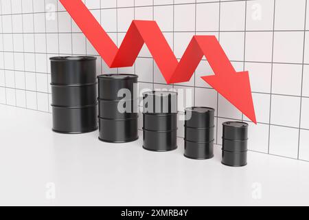 Roter Pfeil, der nach unten in schwarzen Metallölfässern springt, die in absteigender Reihenfolge vor quadratischen weißen Fliesen angeordnet sind. Sinkende Rohölpreise Stockfoto