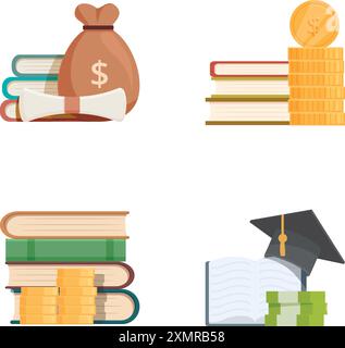 Illustrationen des Bildungsinvestitionskonzepts mit Geld, Büchern und Ersparnissen für Studiengebühren, Stipendien und Vektorillustrationen für finanzielle Hilfe Stock Vektor