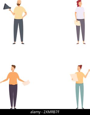 Four isolated character illustrations showing people holding papers and a megaphone Stock Vektor