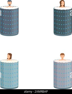 Vier Personen, die sich in separaten, stilvollen Whirlpools entspannen, bieten Vielfalt und Freizeit Stock Vektor