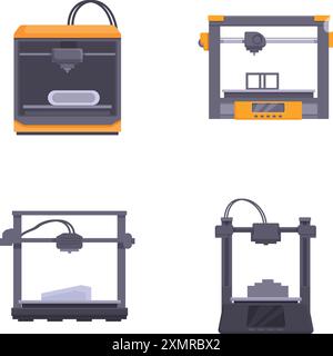 Abbildung mit verschiedenen Modellen von 3D-Druckern, ideal für Technologie- und Fertigungskonzepte Stock Vektor