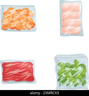 Abbildung: Vakuumversiegelte Lebensmittelverpackungen für Fleisch. Gemüse. Und Meeresfrüchte in transparenter Kunststoffverpackung zur Aufbewahrung im Gefrierschrank. Die Technologie wird vorgestellt. Hygienisches Design Stock Vektor